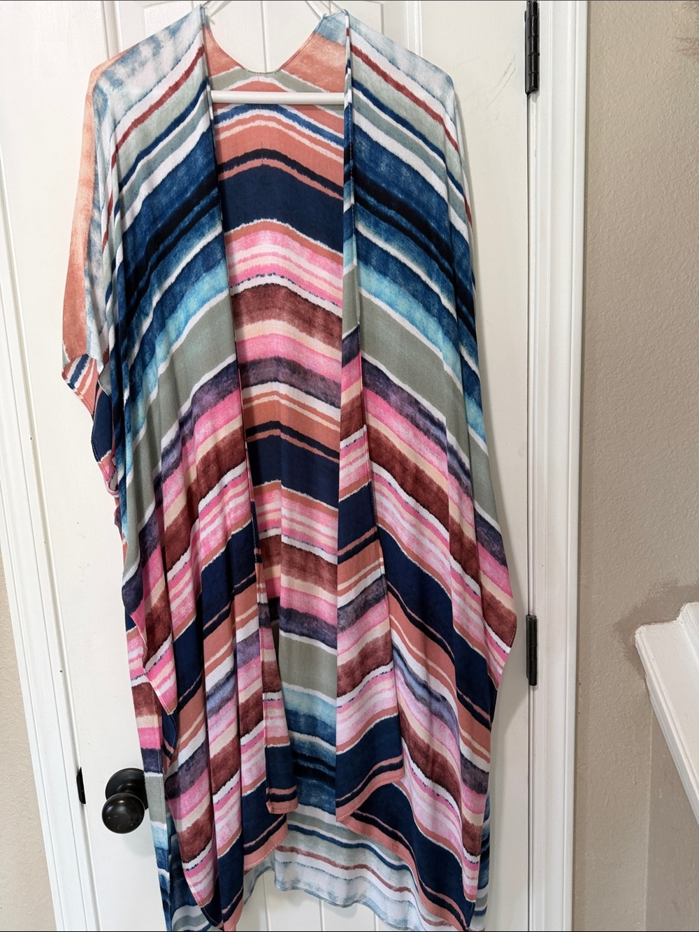 Striped Open Front Kimono Cardigan in Navy, Pink & Coral